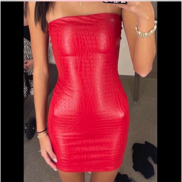 The crocodile collection croc embossed strapless faux leather mini dress - Picture 1 of 4